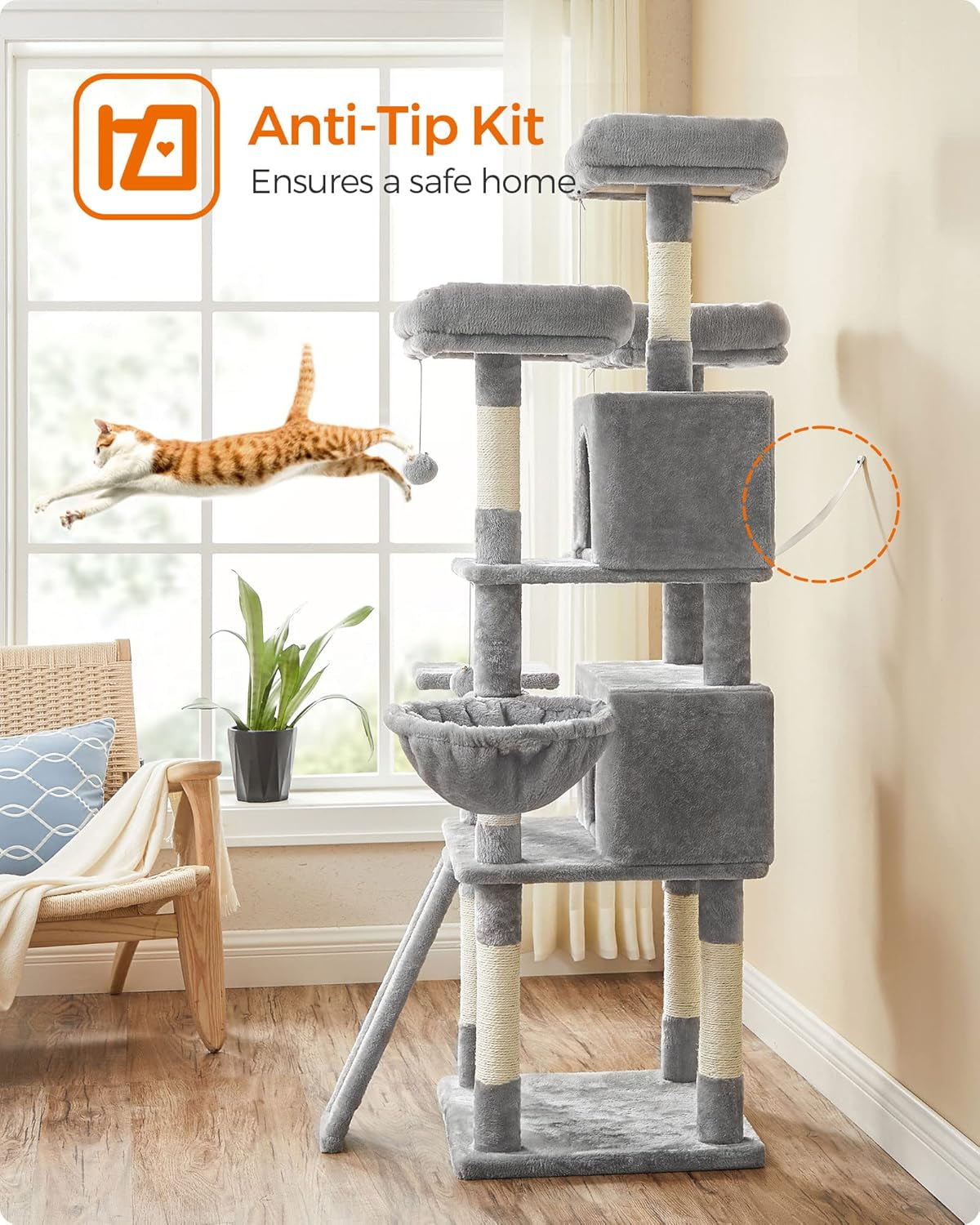Cat Tree, Large Cat Tower, Cat Condo with Scratching Posts, Board, 2 Caves, 3 Plush Perches, Activity Center, 66.5 Inches, Light Gray UPCT019W01