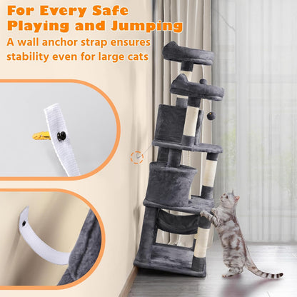 62.5Inches Cat Tree Cat Tower Cat Condo with Platform & Hammock, Scratching Posts for Kittens Pet Play House with Plush Perch for Indoor Activity Relaxing, Dark Gray
