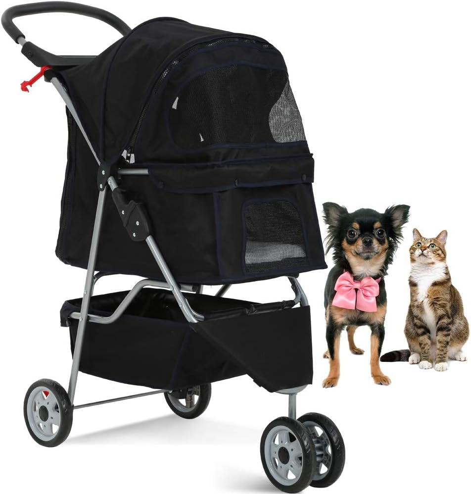 3-Wheel Pet Stroller, Lightweight Foldable Dog Stroller for Small Medium Dogs & Cats, Breathable Mesh & Weather Cover with Storage Basket, for Daily Walk Outdoor Travel (Black)