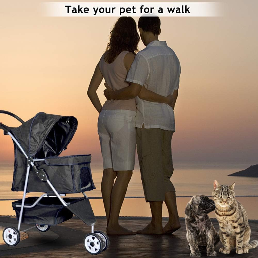 3-Wheel Pet Stroller, Lightweight Foldable Dog Stroller for Small Medium Dogs & Cats, Breathable Mesh & Weather Cover with Storage Basket, for Daily Walk Outdoor Travel (Black)