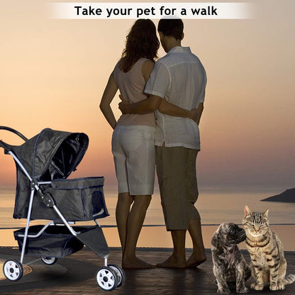 3-Wheel Pet Stroller, Lightweight Foldable Dog Stroller for Small Medium Dogs & Cats, Breathable Mesh & Weather Cover with Storage Basket, for Daily Walk Outdoor Travel (Black)